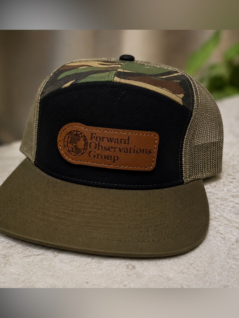 Forward Observations Group FOG 7 Panel Trucker Hat Camo Leather Patch Snapback